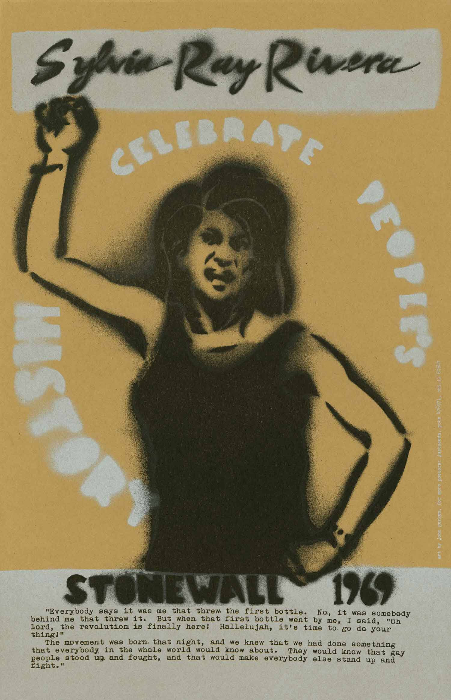 Black, yellow and white poster with the central image being a woman, Syliva Ray Rivera, standing with her arm raised in protest.